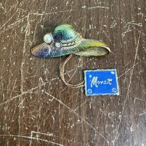 Monet 1972 Spinneret Pearl Rhinestone Ladies Hat Silver Tone Brooch Pin with tag